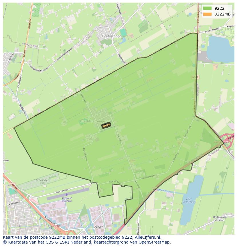 Afbeelding van het postcodegebied 9222 MB op de kaart.