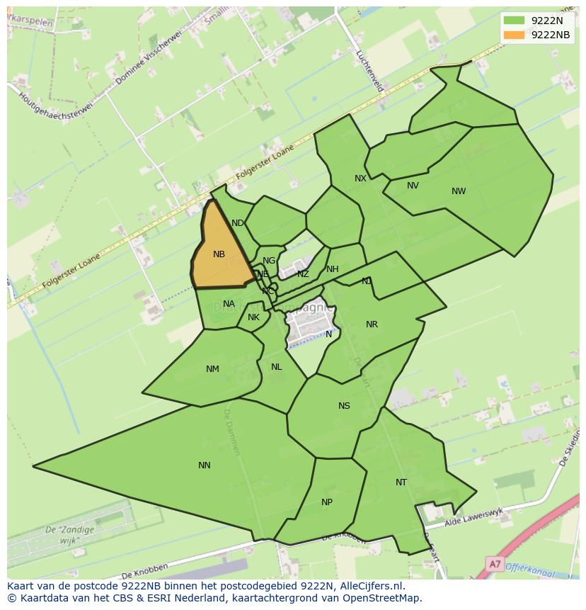 Afbeelding van het postcodegebied 9222 NB op de kaart.