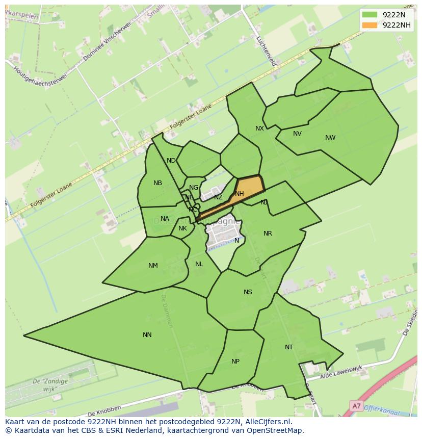 Afbeelding van het postcodegebied 9222 NH op de kaart.