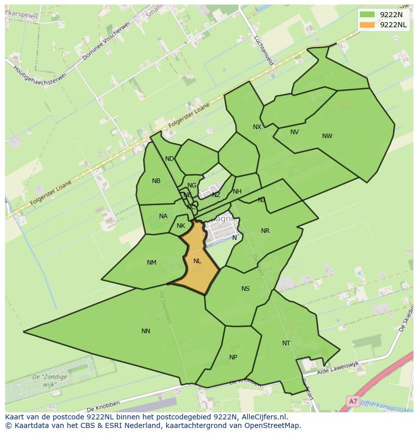 Afbeelding van het postcodegebied 9222 NL op de kaart.