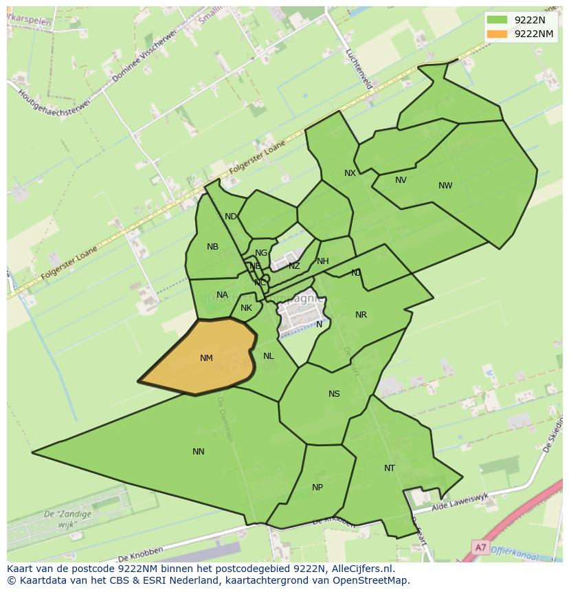Afbeelding van het postcodegebied 9222 NM op de kaart.