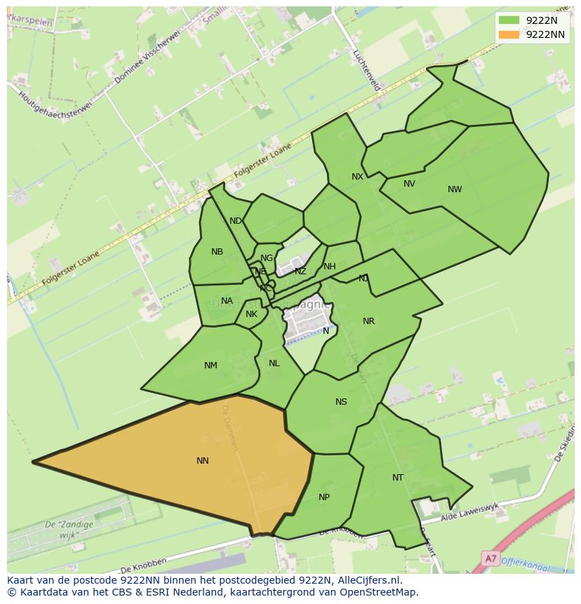 Afbeelding van het postcodegebied 9222 NN op de kaart.