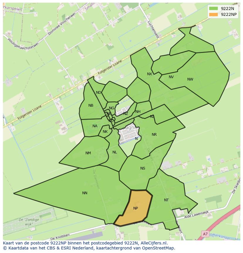 Afbeelding van het postcodegebied 9222 NP op de kaart.