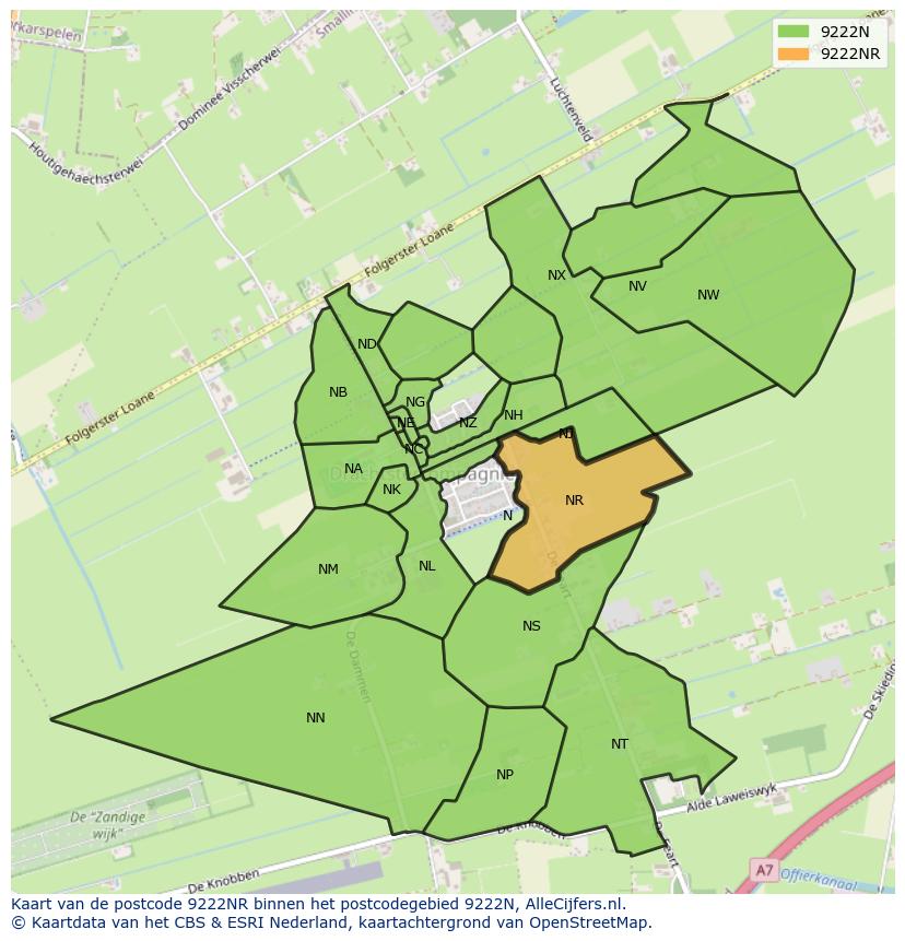 Afbeelding van het postcodegebied 9222 NR op de kaart.