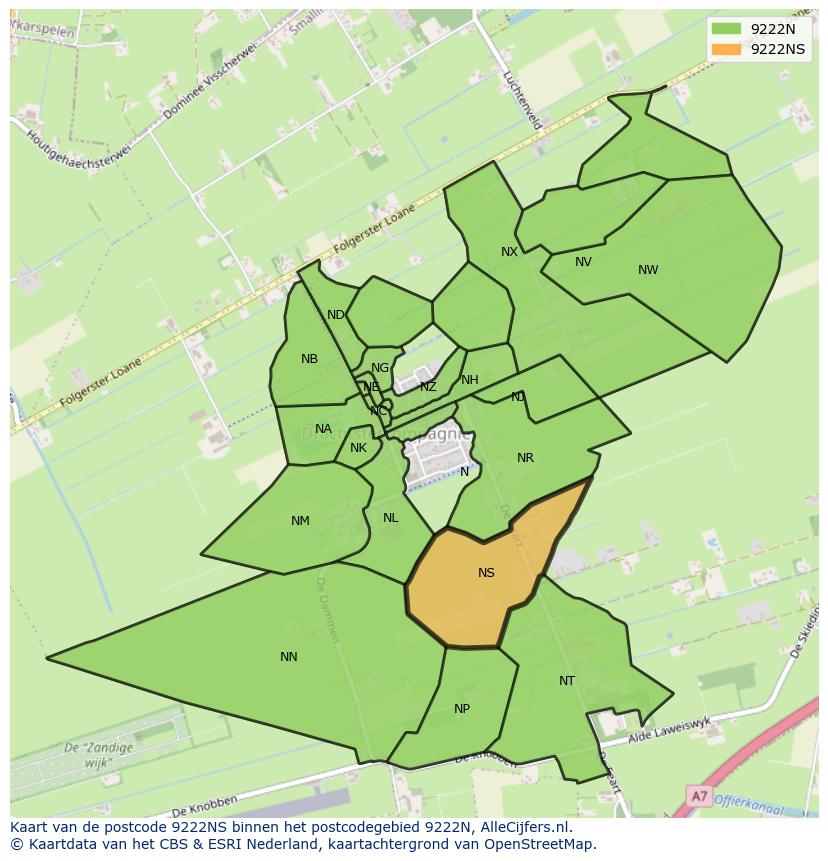 Afbeelding van het postcodegebied 9222 NS op de kaart.