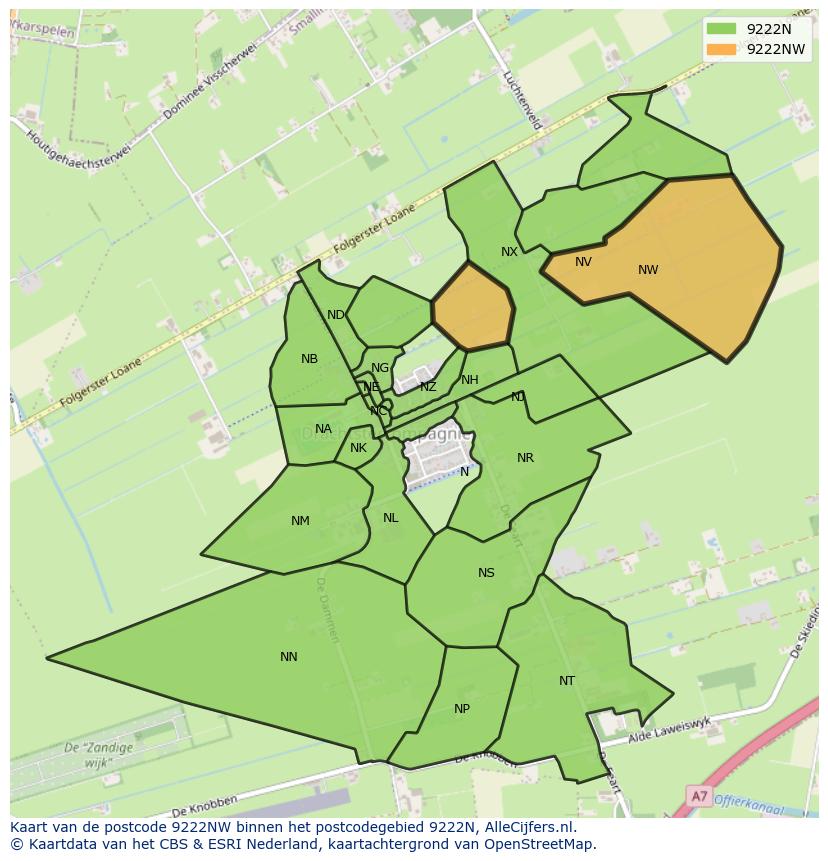 Afbeelding van het postcodegebied 9222 NW op de kaart.