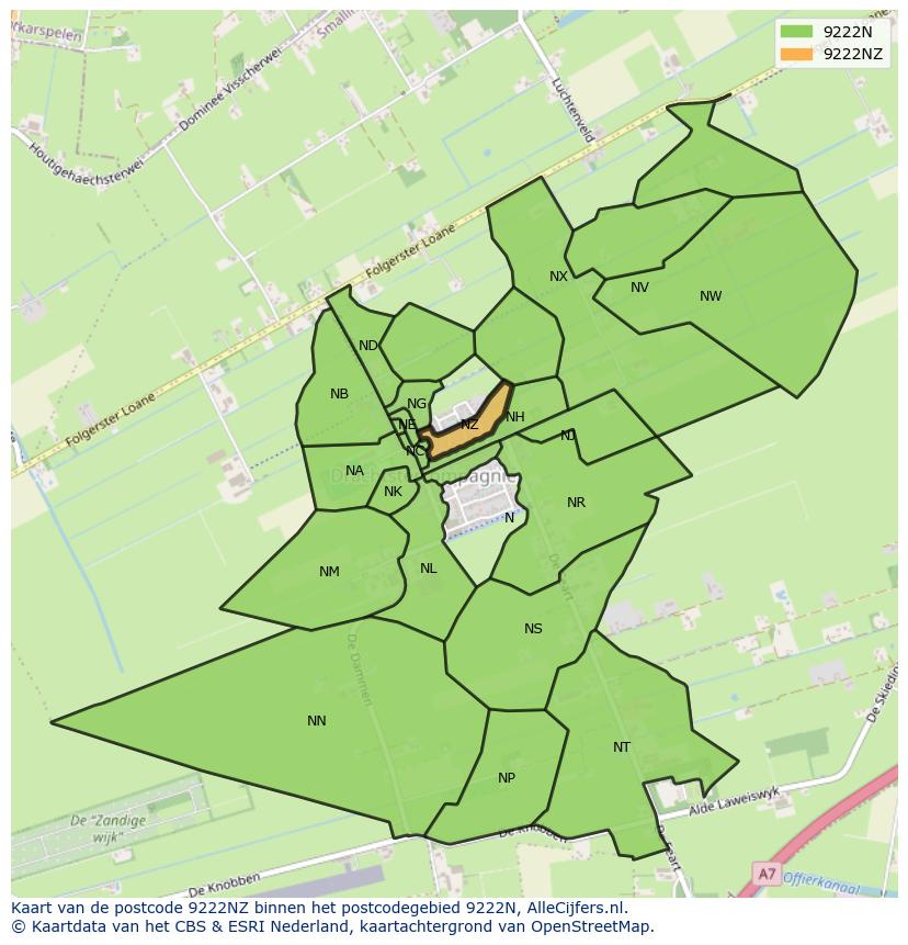 Afbeelding van het postcodegebied 9222 NZ op de kaart.