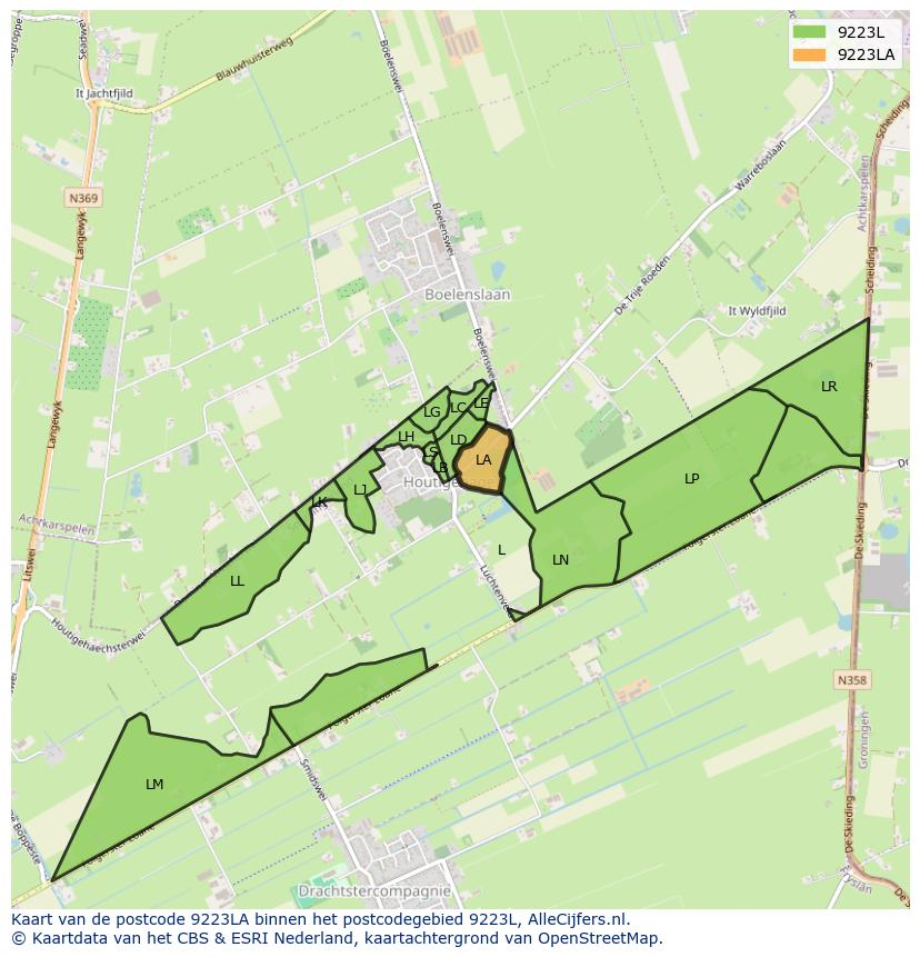 Afbeelding van het postcodegebied 9223 LA op de kaart.
