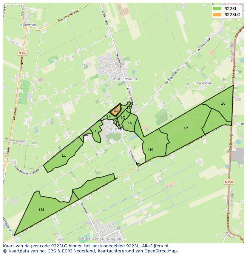 Afbeelding van het postcodegebied 9223 LG op de kaart.