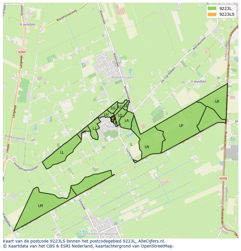 Afbeelding van het postcodegebied 9223 LS op de kaart.