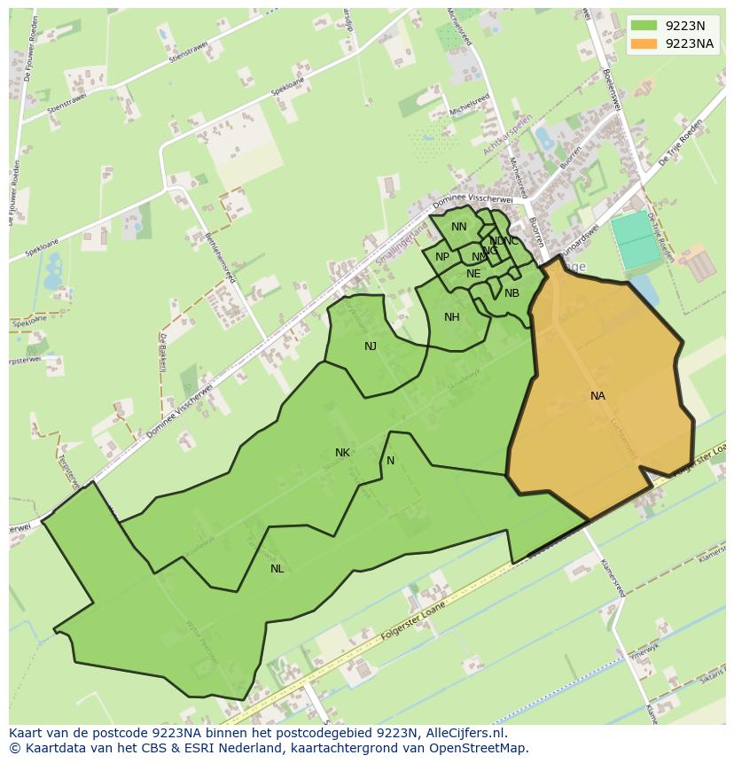 Afbeelding van het postcodegebied 9223 NA op de kaart.