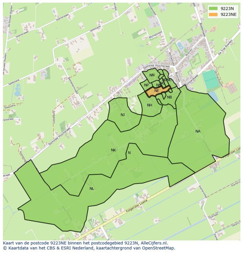 Afbeelding van het postcodegebied 9223 NE op de kaart.