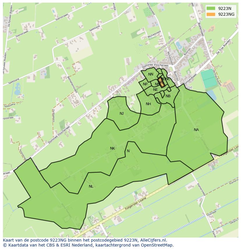 Afbeelding van het postcodegebied 9223 NG op de kaart.