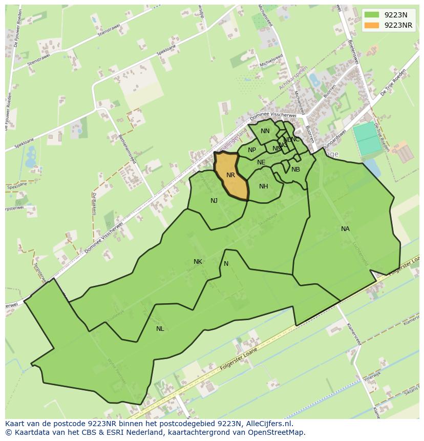 Afbeelding van het postcodegebied 9223 NR op de kaart.