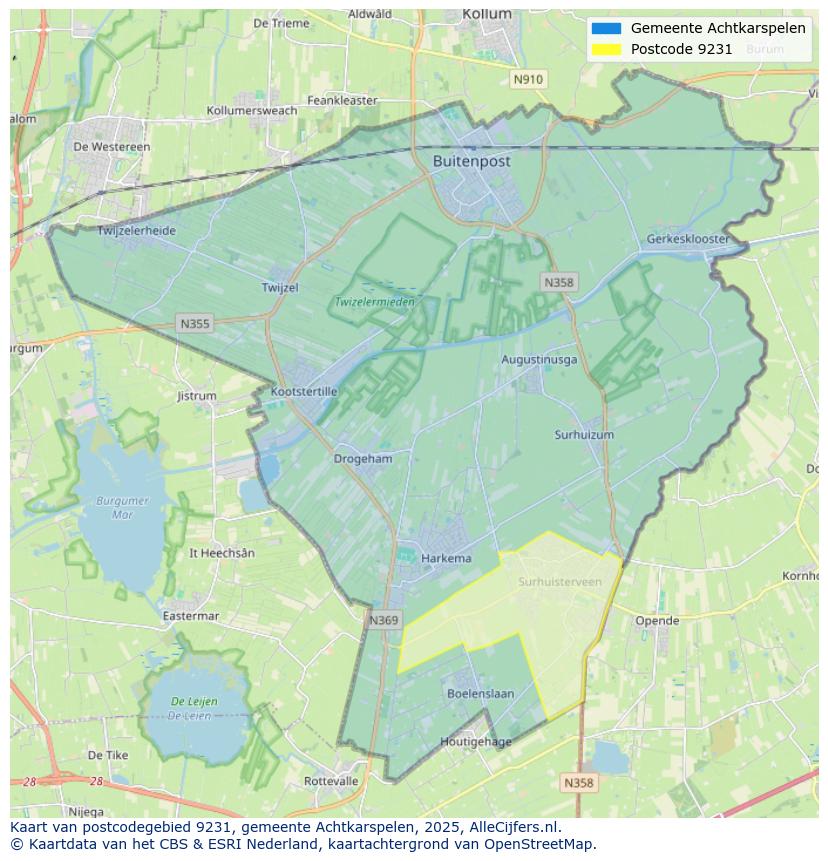 Afbeelding van het postcodegebied 9231 op de kaart.
