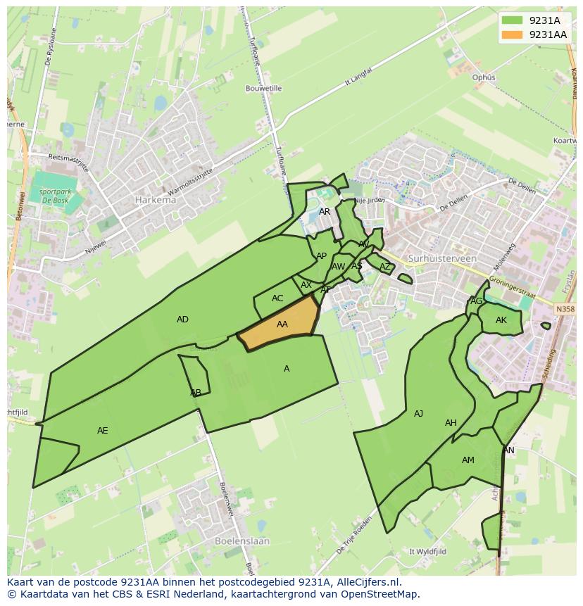 Afbeelding van het postcodegebied 9231 AA op de kaart.