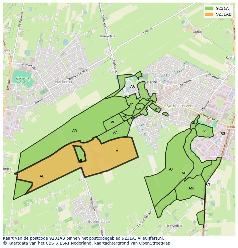 Afbeelding van het postcodegebied 9231 AB op de kaart.