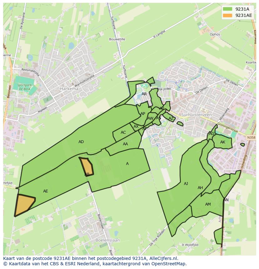 Afbeelding van het postcodegebied 9231 AE op de kaart.