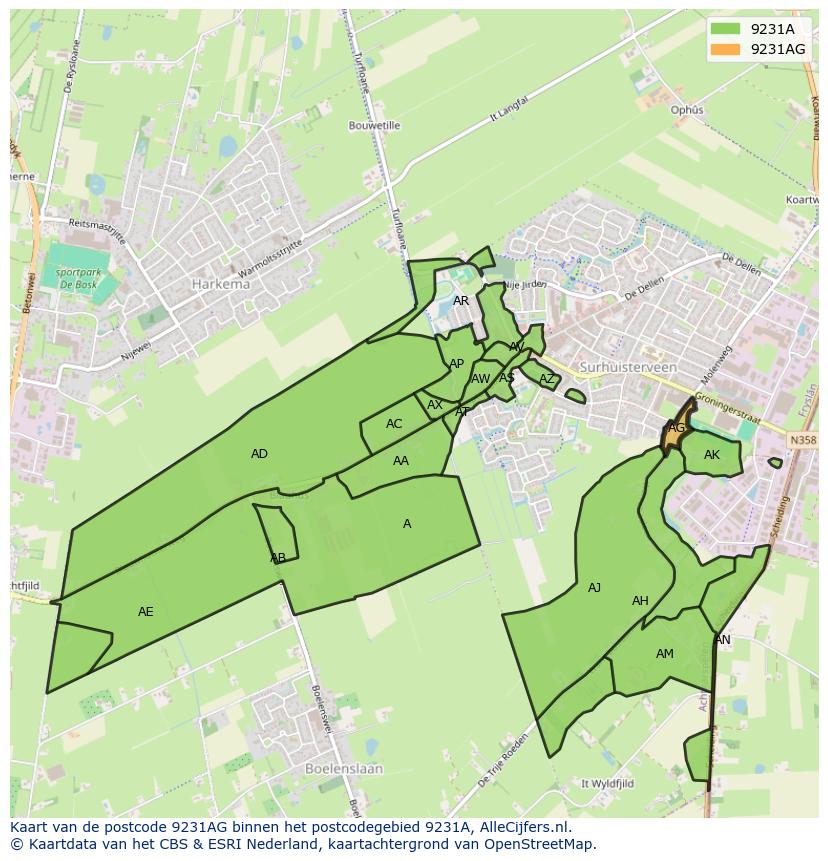 Afbeelding van het postcodegebied 9231 AG op de kaart.
