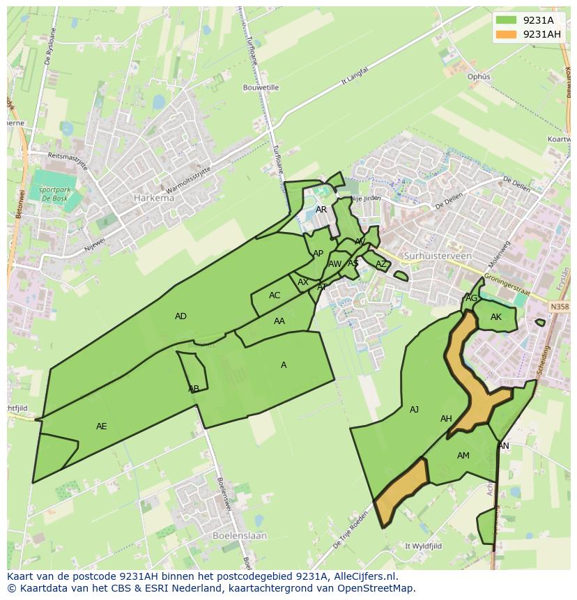 Afbeelding van het postcodegebied 9231 AH op de kaart.