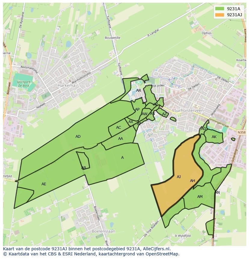 Afbeelding van het postcodegebied 9231 AJ op de kaart.