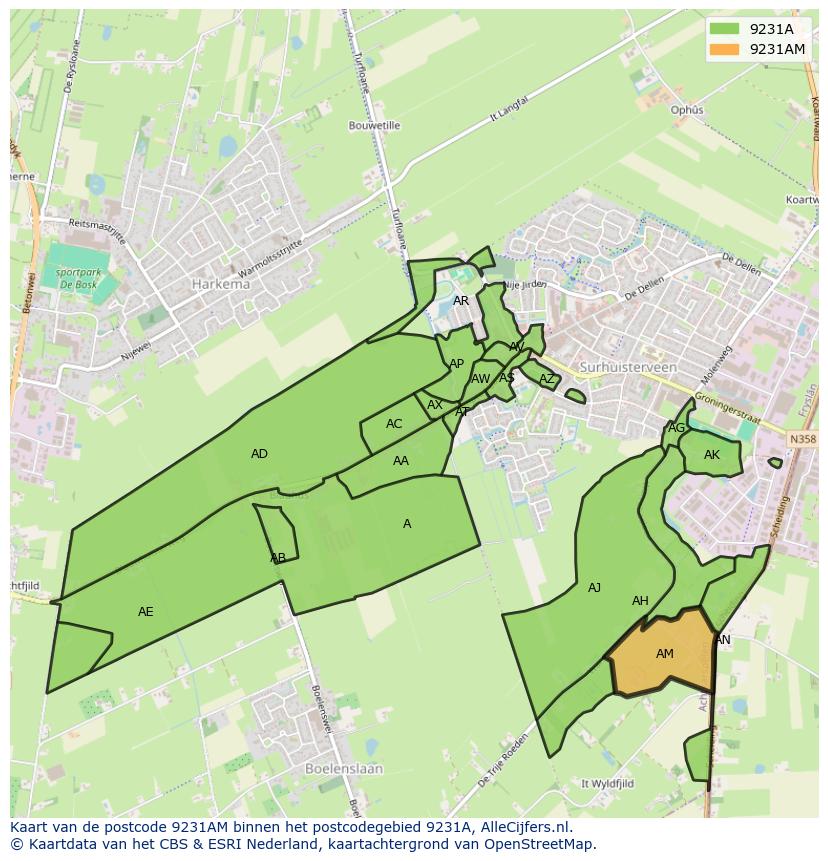 Afbeelding van het postcodegebied 9231 AM op de kaart.