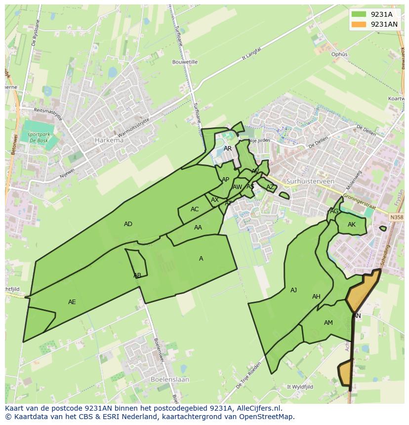 Afbeelding van het postcodegebied 9231 AN op de kaart.