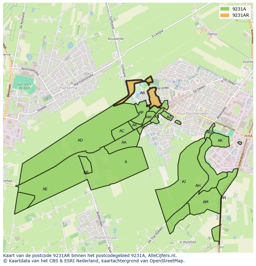 Afbeelding van het postcodegebied 9231 AR op de kaart.
