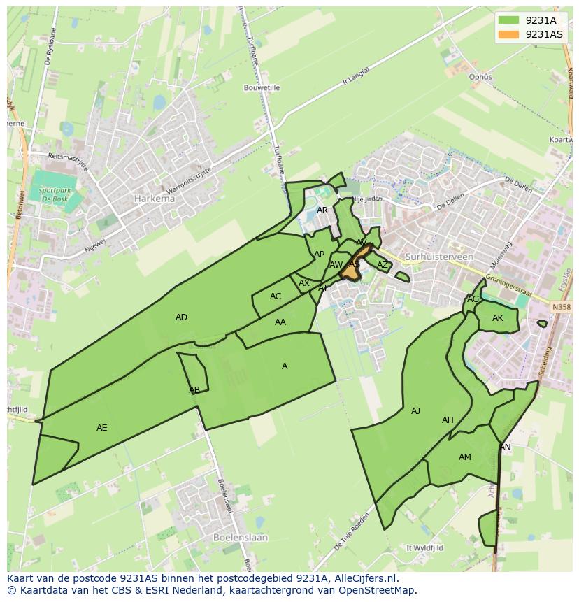 Afbeelding van het postcodegebied 9231 AS op de kaart.