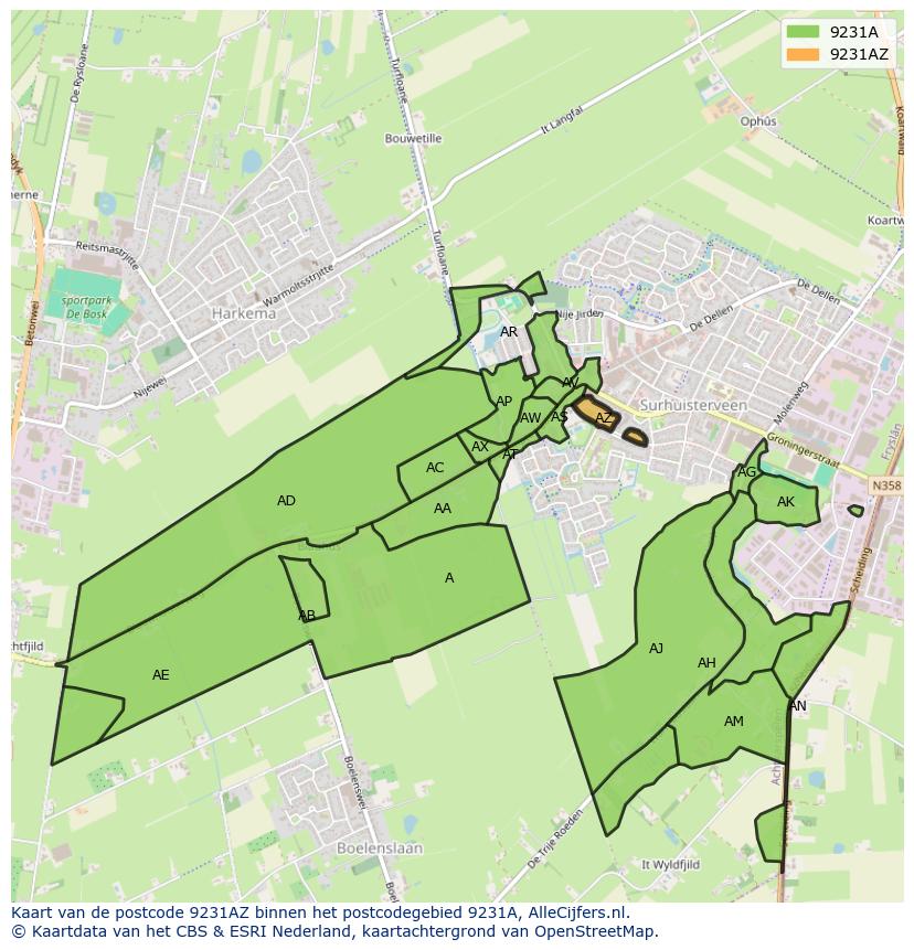 Afbeelding van het postcodegebied 9231 AZ op de kaart.