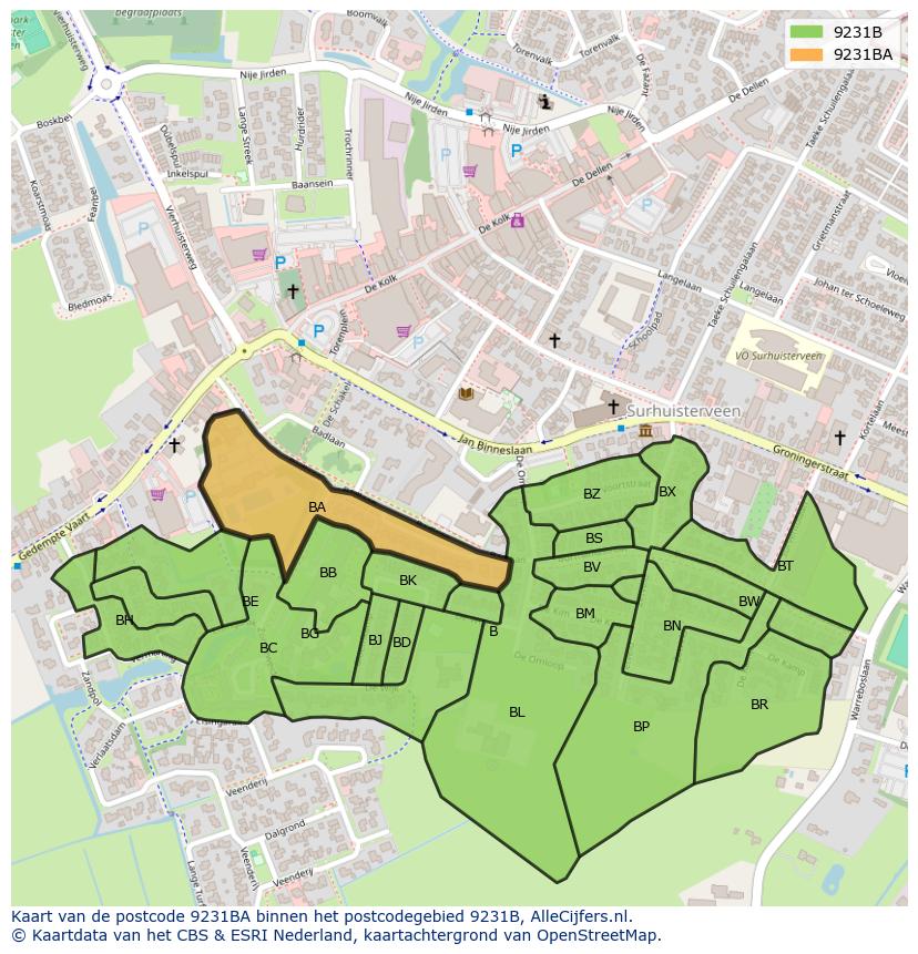 Afbeelding van het postcodegebied 9231 BA op de kaart.