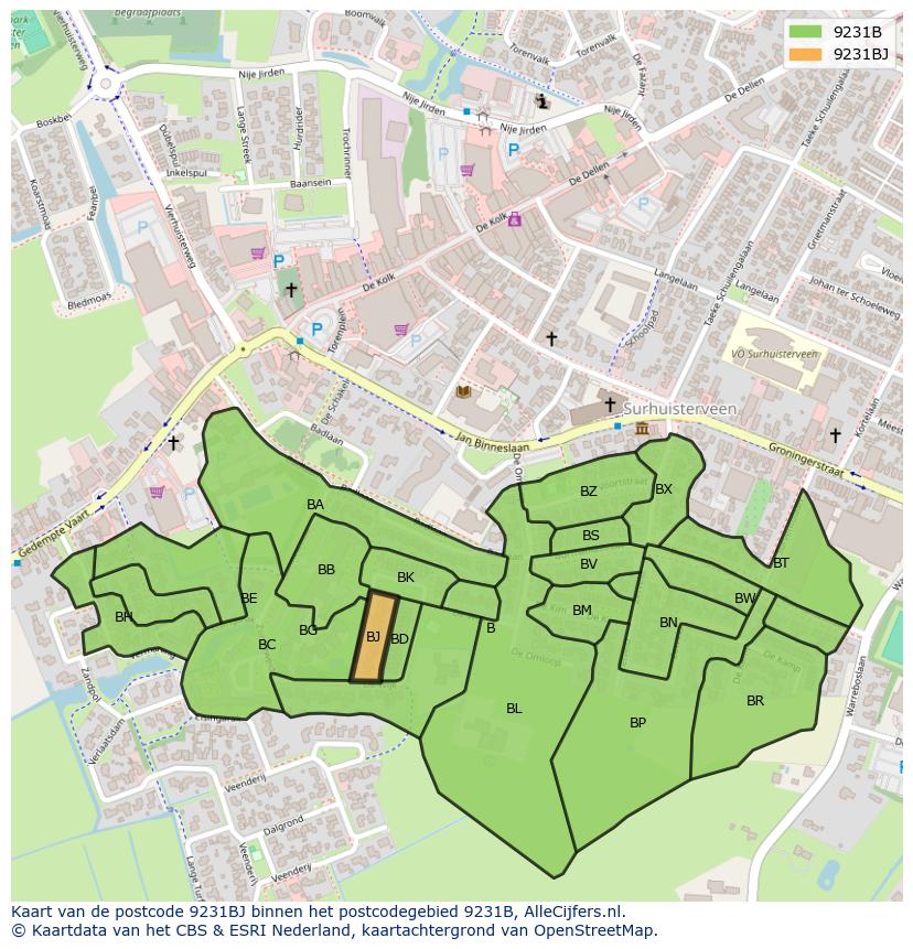 Afbeelding van het postcodegebied 9231 BJ op de kaart.