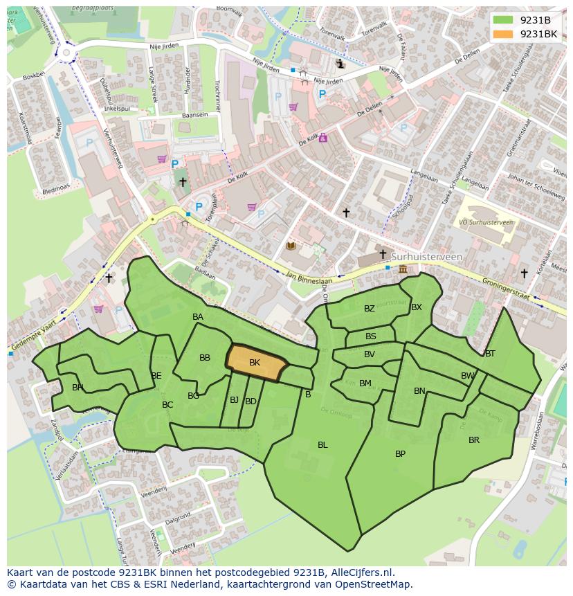 Afbeelding van het postcodegebied 9231 BK op de kaart.
