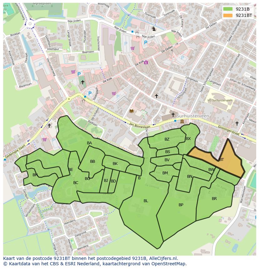 Afbeelding van het postcodegebied 9231 BT op de kaart.
