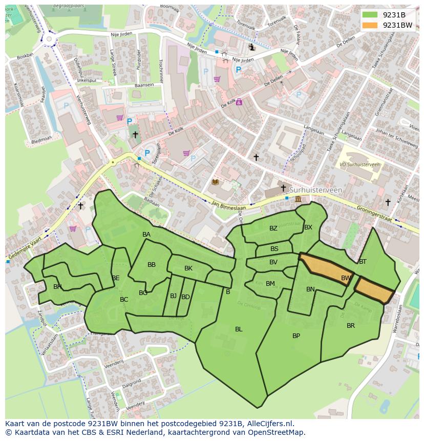 Afbeelding van het postcodegebied 9231 BW op de kaart.