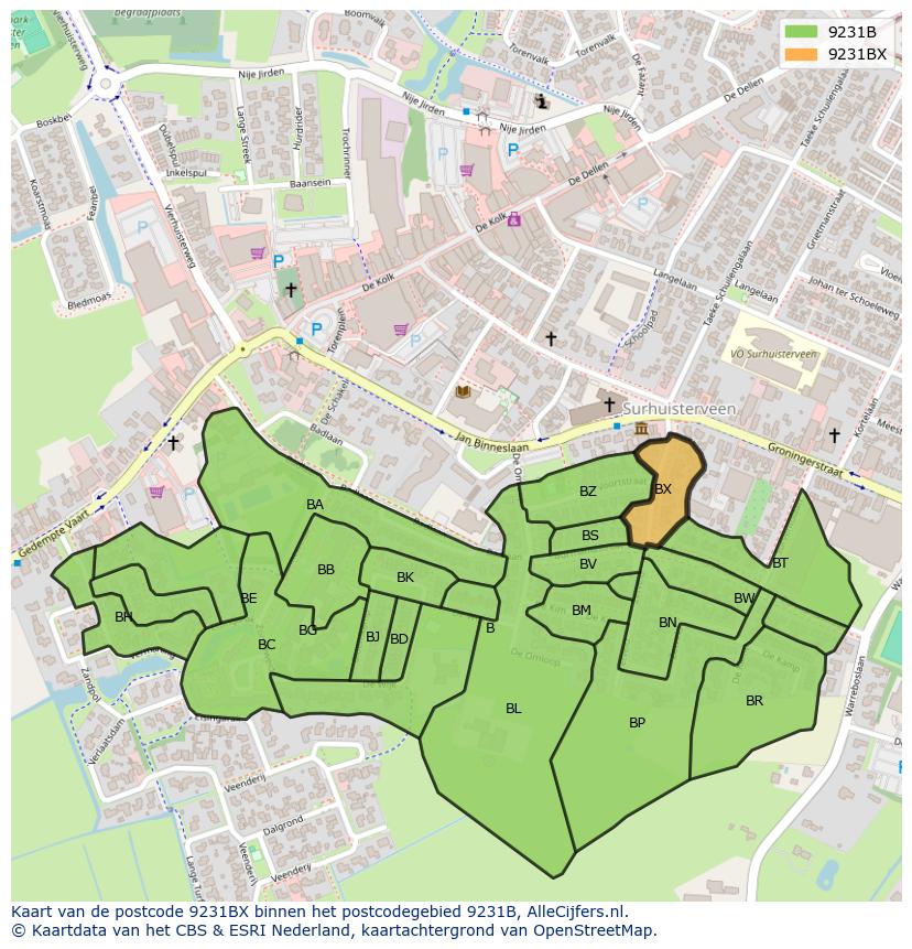 Afbeelding van het postcodegebied 9231 BX op de kaart.