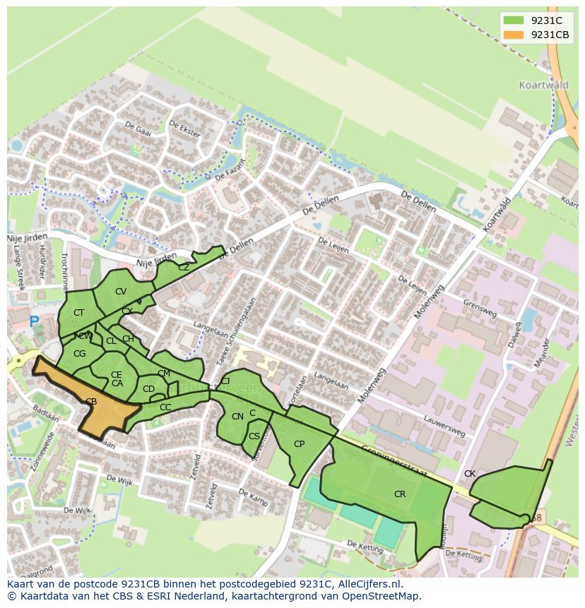 Afbeelding van het postcodegebied 9231 CB op de kaart.