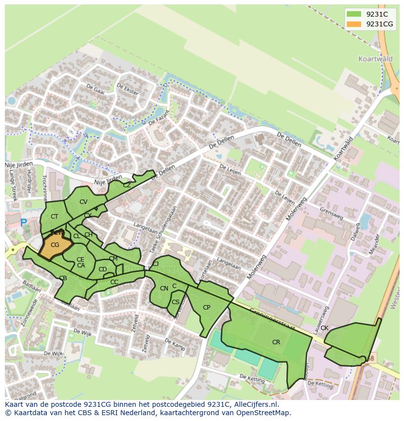 Afbeelding van het postcodegebied 9231 CG op de kaart.