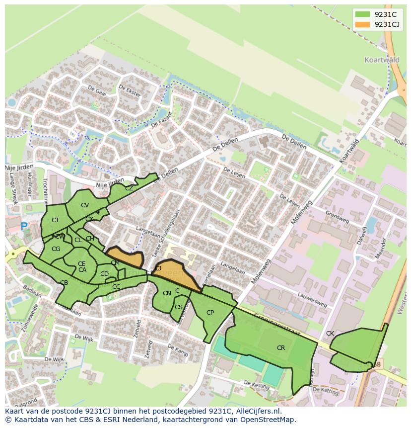 Afbeelding van het postcodegebied 9231 CJ op de kaart.