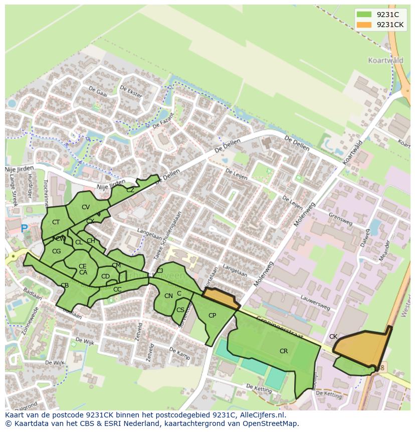 Afbeelding van het postcodegebied 9231 CK op de kaart.