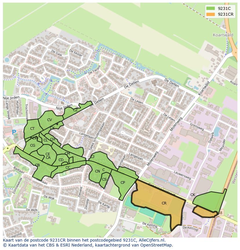 Afbeelding van het postcodegebied 9231 CR op de kaart.