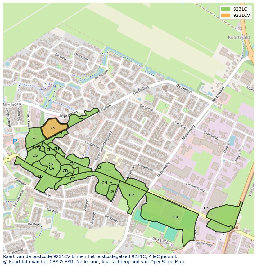 Afbeelding van het postcodegebied 9231 CV op de kaart.