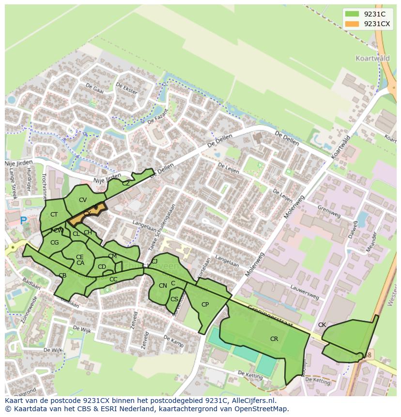 Afbeelding van het postcodegebied 9231 CX op de kaart.