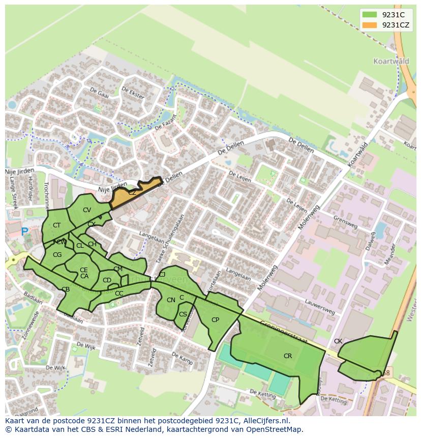 Afbeelding van het postcodegebied 9231 CZ op de kaart.
