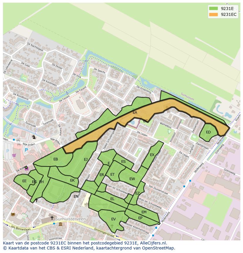 Afbeelding van het postcodegebied 9231 EC op de kaart.