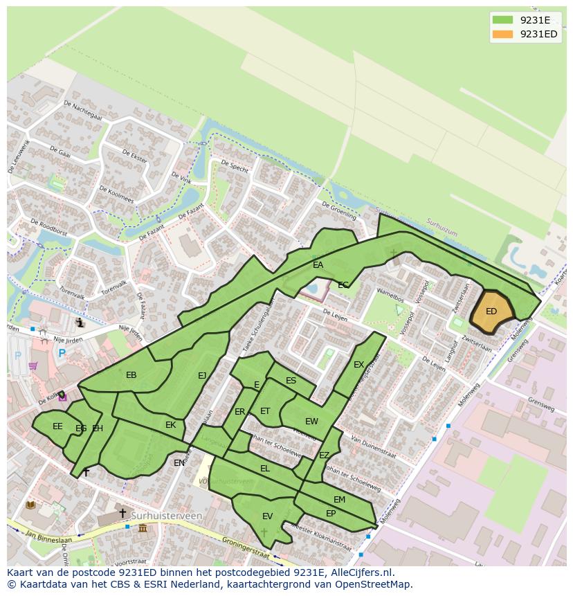 Afbeelding van het postcodegebied 9231 ED op de kaart.