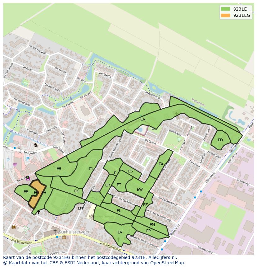 Afbeelding van het postcodegebied 9231 EG op de kaart.
