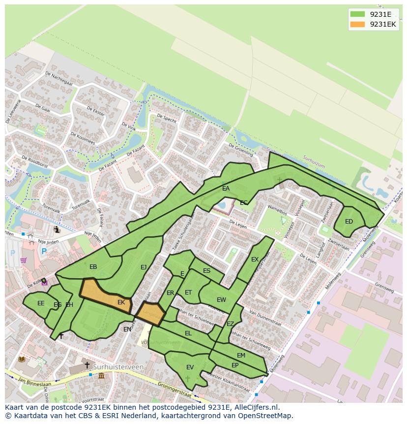 Afbeelding van het postcodegebied 9231 EK op de kaart.