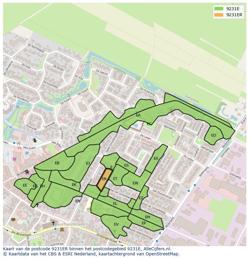 Afbeelding van het postcodegebied 9231 ER op de kaart.