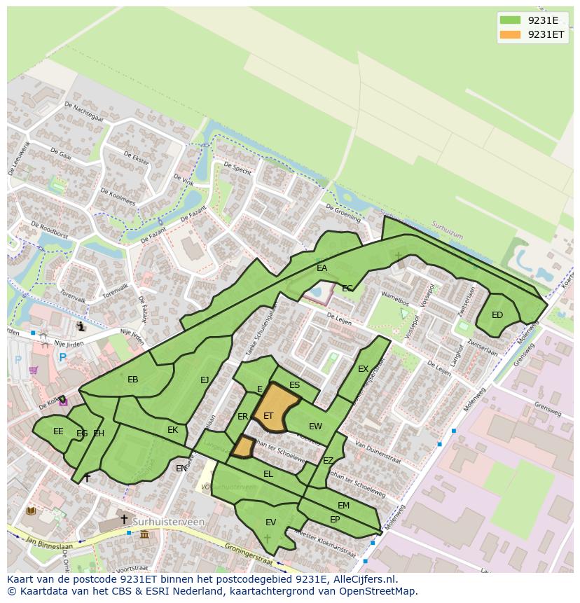 Afbeelding van het postcodegebied 9231 ET op de kaart.